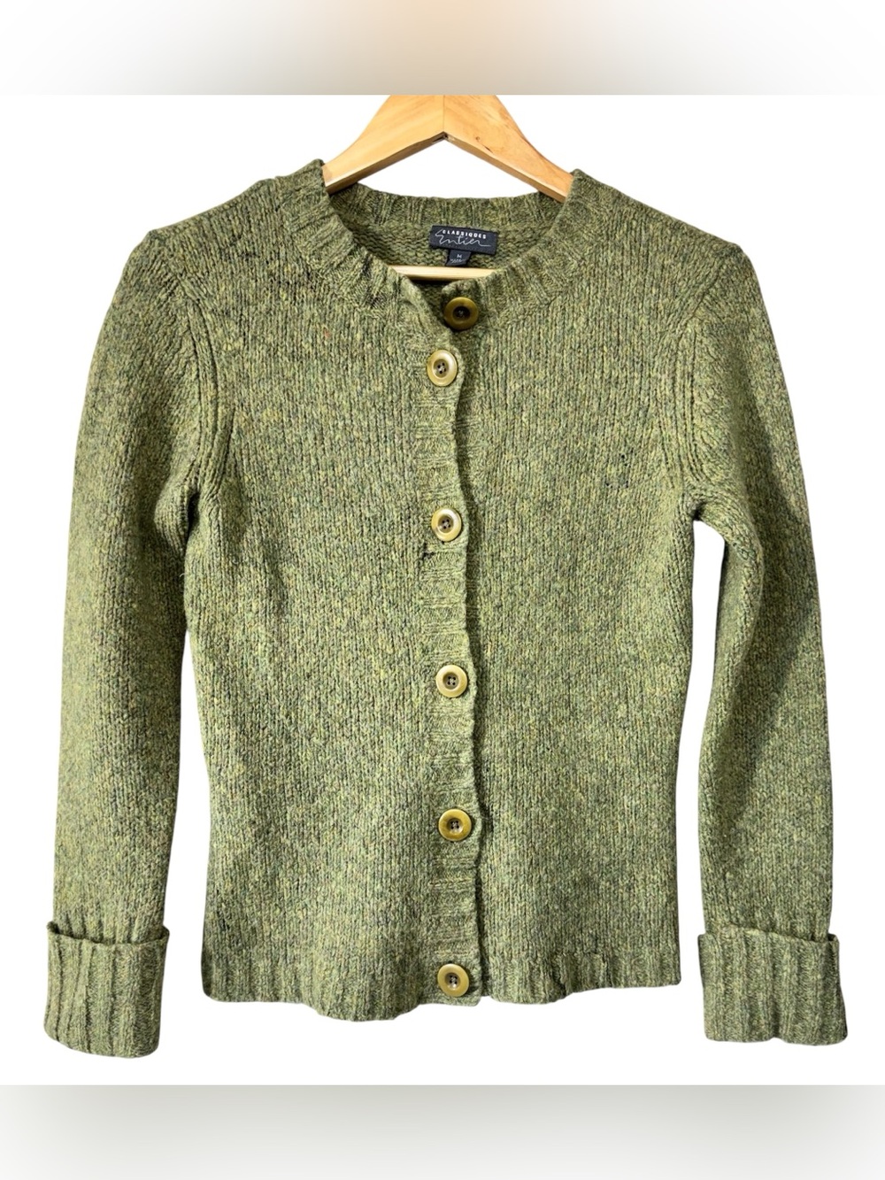 Vintage Classiques Merino Wool Cardigan Sweater Green Heathered Medium